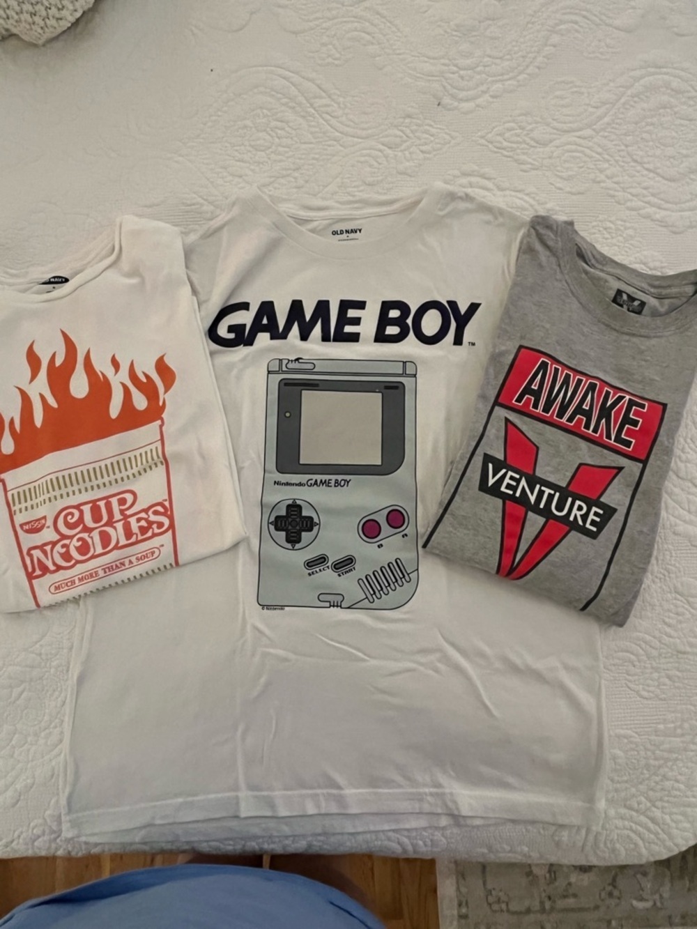 Old Navy White Game Boy Tee, Cup O Noodles T, Venture T